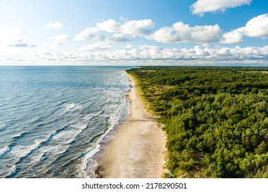 Aerial view of the Baltic Sea shore line near Klaipeda city, Lithuania. Beautiful sea coast on sunny summer day. - Shutterstock ID 2178290501