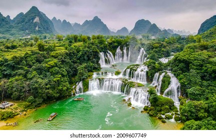 Aerial view of “ Ban Gioc “ waterfall, Cao Bang, Vietnam. “ Ban Gioc “ waterfall is one of the top 10 waterfalls in the world.