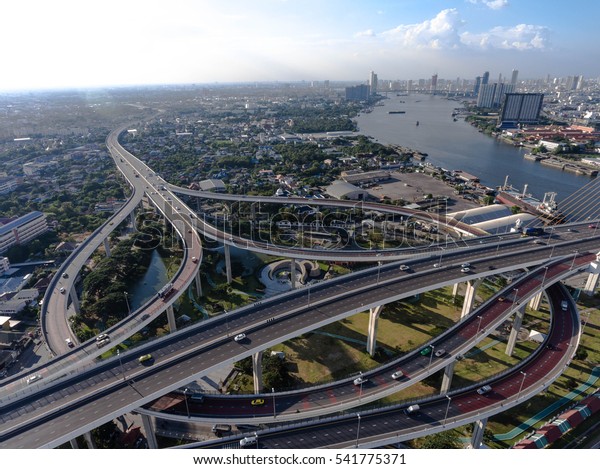 Aerial\
view of bangkok busy highway taken in afternoon, useful for\
engineering, industrial, transportation\
concept