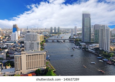 Aerial View Of Bangkok City With Chao Phraya River