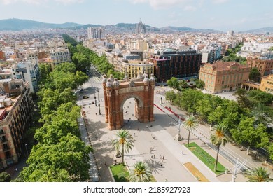 Aerial view of Barcelona Urban Skyline and The Arc de Triomf or Arco de Triunfo in spanish, a triumphal arch in the city of Barcelona. Sunny day. - Shutterstock ID 2185927923