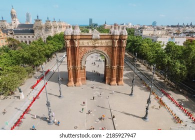 Aerial view of Barcelona Urban Skyline and The Arc de Triomf or Arco de Triunfo in spanish, a triumphal arch in the city of Barcelona. Sunny day. - Shutterstock ID 2185927947