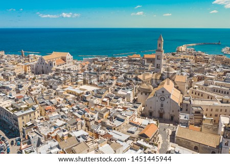 Aerial view of Bari old town. On the right there is Bari Cathedral (Saint Sabino), on the left there is 