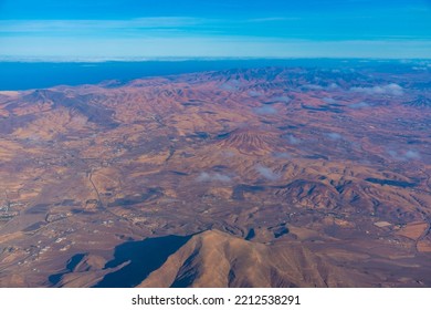 Aerial View Of Barren Landscape At Fuerteventura, Canary Islands, Spain.