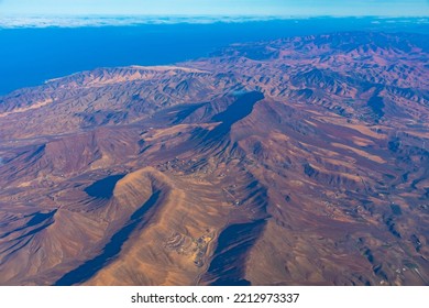 Aerial View Of Barren Landscape At Fuerteventura, Canary Islands, Spain.