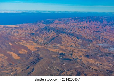 Aerial View Of Barren Landscape At Fuerteventura, Canary Islands, Spain.