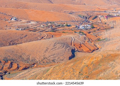 Aerial View Of Barren Landscape At Fuerteventura, Canary Islands, Spain.