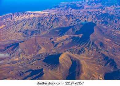 Aerial View Of Barren Landscape At Fuerteventura, Canary Islands, Spain.