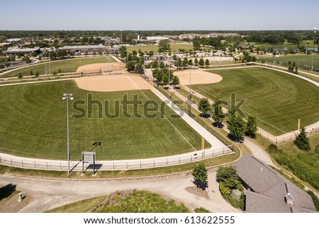 Aerial view of a baseball diamond complex in the suburban community of Northbrook, Illinois in summer.