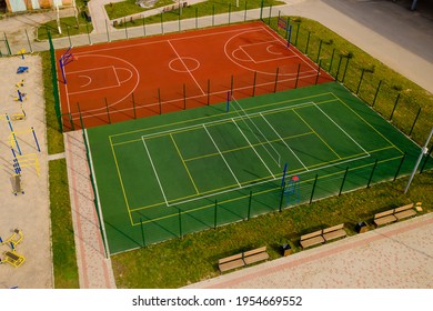 Aerial View Of The Basketball And Volleyball Court.