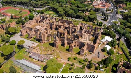 Aerial view of Baths of Caracalla located in Rome, Italy. They were important thermae and public baths of ancient Rome and today they are a visitable monument.