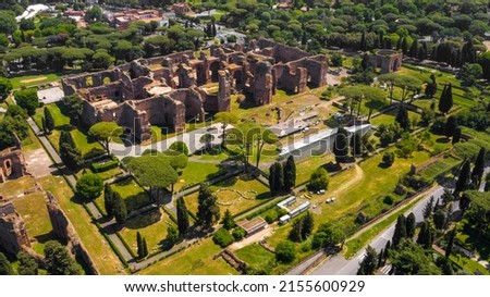 Aerial view of Baths of Caracalla located in Rome, Italy. They were important thermae and public baths of ancient Rome and today they are a visitable monument.