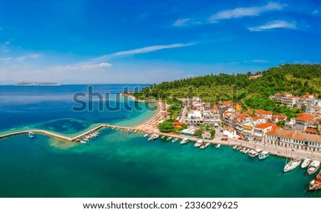 Aerial view of bay in Limenas, Thassos island, Greece, Europe