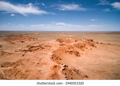 Aerial view of the Bayanzag Flaming Cliffs in the Gobi Desert, Mongolia. 