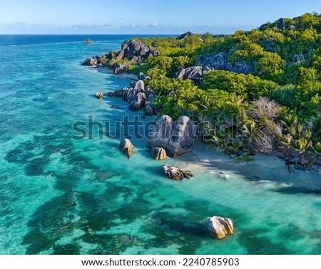 Aerial view of Beach Anse Source d'Argent, La Digue, Seychellen in morning light
