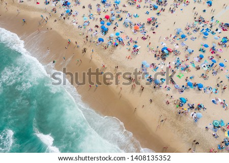 Aerial view of beach goers in Asbury Park, New Jersey on Memorial Day Weekend 2019