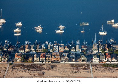 Aerial View Of Beach Homes And Boats In Newport Beach, California