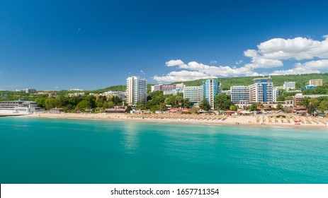 Aerial view of the beach and hotels in Golden Sands. Popular summer resort near Varna, Bulgaria