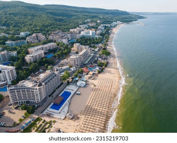 Aerial view of the beach and hotels in Golden Sands, Zlatni Piasaci. Varna, Bulgaria - Shutterstock ID 2315219703