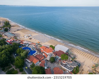 Aerial view of the beach and hotels in Golden Sands, Zlatni Piasaci. Varna, Bulgaria - Shutterstock ID 2315219705