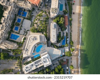 Aerial view of the beach and hotels in Golden Sands, Zlatni Piasaci. Varna, Bulgaria - Shutterstock ID 2315219707