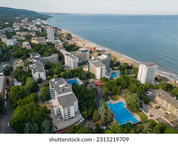 Aerial view of the beach and hotels in Golden Sands, Zlatni Piasaci. Varna, Bulgaria - Shutterstock ID 2315219709