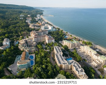 Aerial view of the beach and hotels in Golden Sands, Zlatni Piasaci. Varna, Bulgaria - Shutterstock ID 2315219711