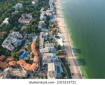 Aerial view of the beach and hotels in Golden Sands, Zlatni Piasaci. Varna, Bulgaria - Shutterstock ID 2315219721