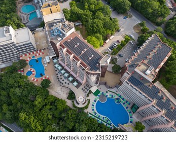 Aerial view of the beach and hotels in Golden Sands, Zlatni Piasaci. Varna, Bulgaria - Shutterstock ID 2315219723