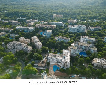 Aerial view of the beach and hotels in Golden Sands, Zlatni Piasaci. Varna, Bulgaria - Shutterstock ID 2315219727