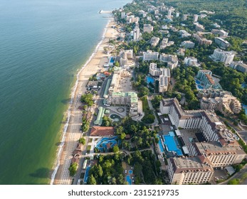 Aerial view of the beach and hotels in Golden Sands, Zlatni Piasaci. Varna, Bulgaria - Shutterstock ID 2315219735