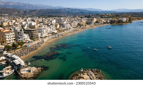 Aerial view of the beach and marine of Nea Chora in the Cretan city of Chania, Greece - Shutterstock ID 2300123543