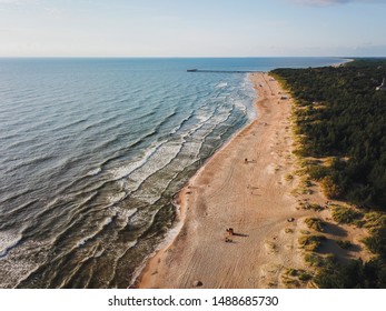 Aerial view of beach in Palanga city, with sand dunes, Baltic sea waves and pine tree forest surrounding.