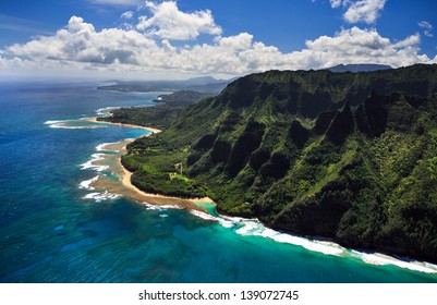 Aerial View Of Beach And Reef System On The Hawaiian Island Of Kauai