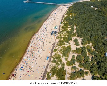 Aerial View Of The Beach And Sea Shore In Palanga, Lithuania. Beach Town In Palanga.
