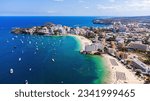 Aerial view of the beach of Son Matias in Magaluf, a seaside resort town on Majorca in the Balearic Islands, Spain