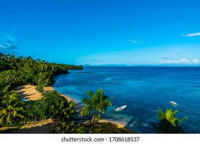 Aerial View Of A Beach With Turquoise Waters In Fiji