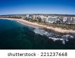Aerial view of beachfront hotels on sunrise, Mooloolaba, Queensland, Australia