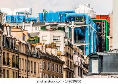 aerial view of beaubourg area with the pompidou center museum   cityscape of Paris in france