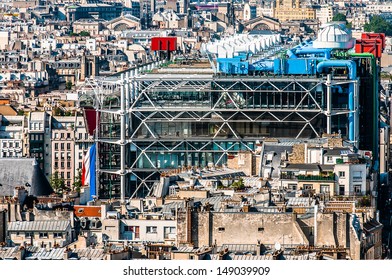 aerial view of beaubourg area with the pompidou center museum   cityscape of Paris in france