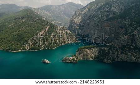 aerial view of Beautiful artificial reservoir Green Canyon, forest and Taurus Mountains, Taurus Canyon, Manavgat, Turkey. High quality photo