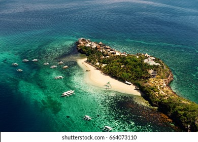 Aerial View Of Beautiful Bay Of Tropical Island Crocodile With Very White Sand. Boracay, Philippines.