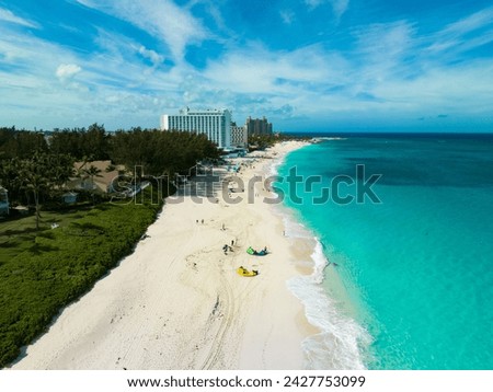 Aerial view: Beautiful beach in Paradis island, Bahamas, Nassau