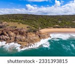 aerial view of beautiful beaches and cliffs at agnes water coast near the town of 1770 in gladstone region, queensland, australia; pristine beaches and unique sandy bays	