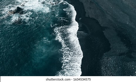 Aerial View Of Beautiful Black Sand Beach In Lanzarote, Canary Island 