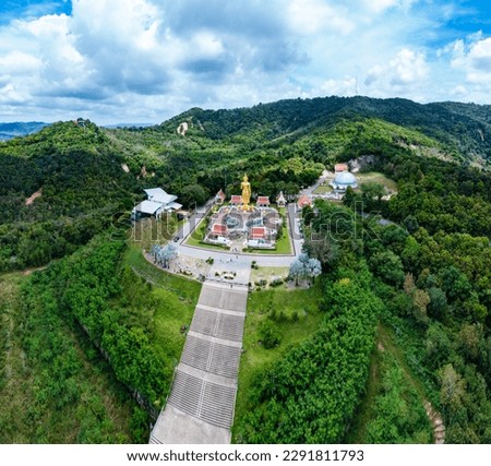 Aerial View Of the beautiful Buddha statue on the hill (on top of mountain). At Hatyai, Songkhla, Thailand