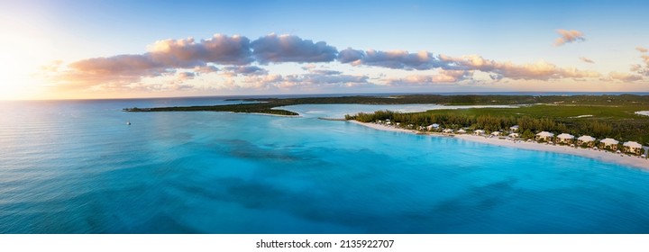 Aerial view of the beautiful Cape Santa Maria Beach, Long island, Caribbean, Bahamas during sunset time