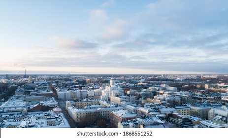 Aerial View Of Beautiful City Helsinki At Winter. Cathedral And Market Square. Finland. Sunset Sky And Clouds.
