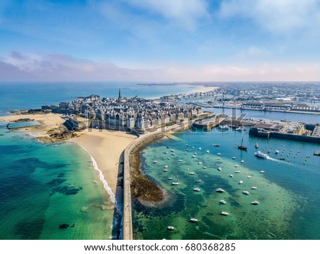 Aerial view of the beautiful city of Privateers on sunset- Saint Malo in Brittany, France