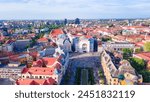 Aerial view of the beautiful city of Timisoara, Romania. Photography was shot from a drone at a higher altitude with the National Opera House and The Victory Square in the view.